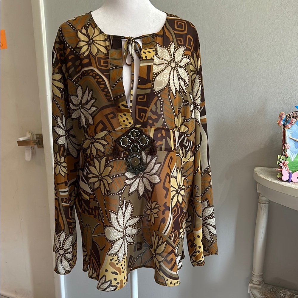 [NY COLLECTION{ Brown Floral Boho Women's Top - Size Large